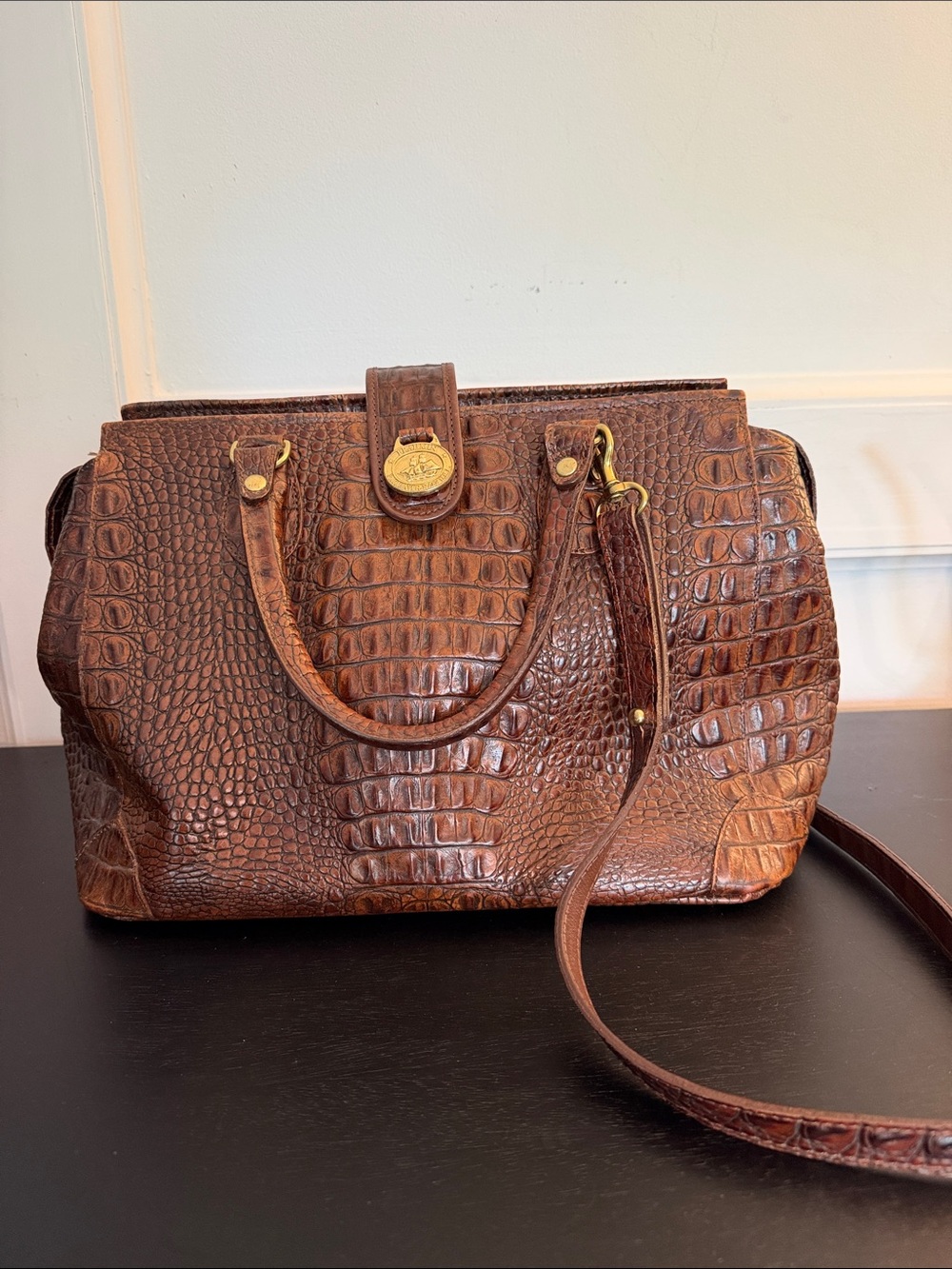 Vintage Brahmin Brown Croc-Embossed Leather Satchel Handbag